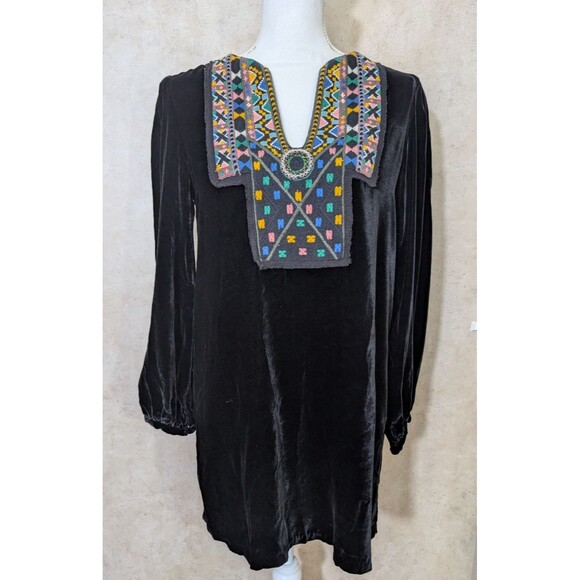 Zara Woman Tunic Dress Womens S Black Velvet Embroidered V Neck Boho Mini - Picture 2 of 10